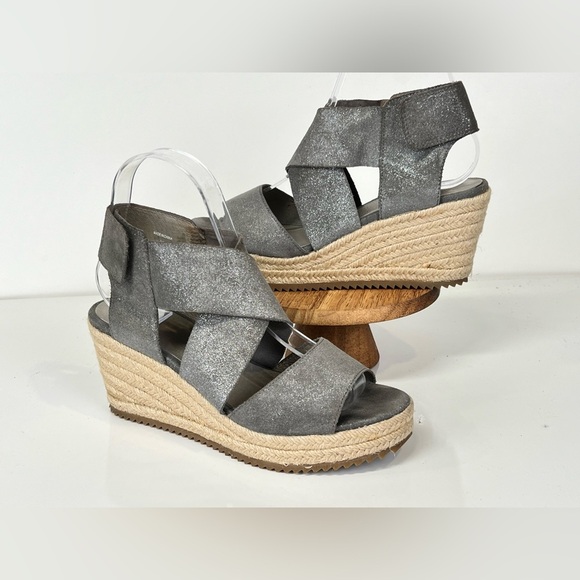 EILEEN FISHER Gray shimmer ankle wrap wedges‎ size 6 - Picture 1 of 9